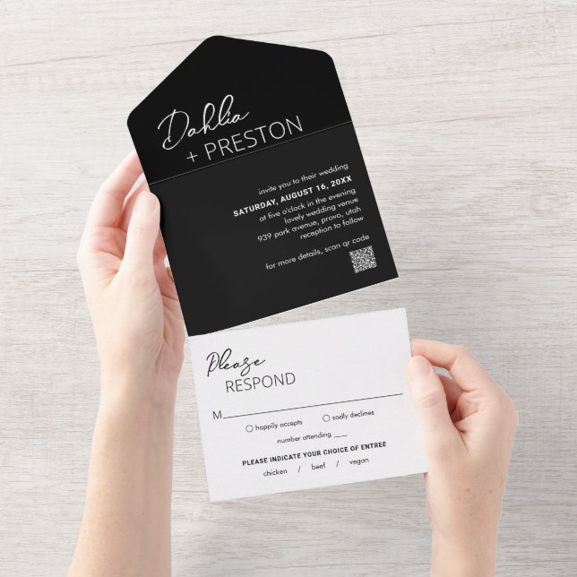 Invitación Todo En Uno Boda moderno de código QR negro mínimo (desgarro)