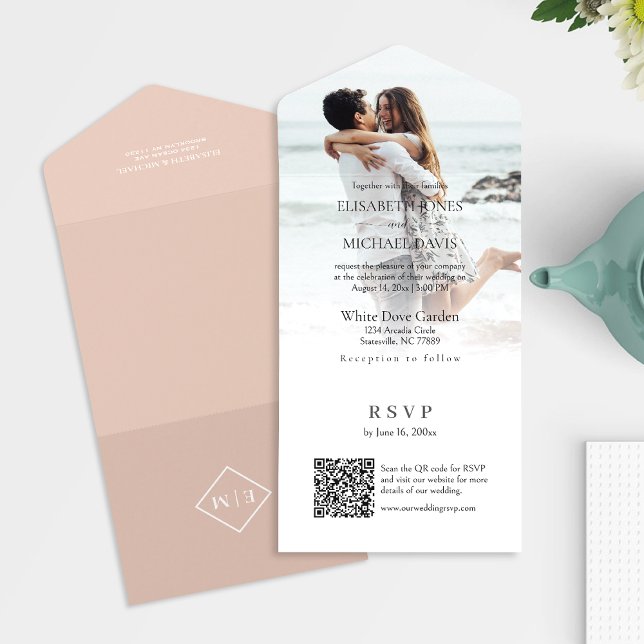 Invitación Todo En Uno Boda moderno de código QR para fotografía (All-in-one wedding invitation with QR code to RSVP - Simplify and save time for you and your guests.)