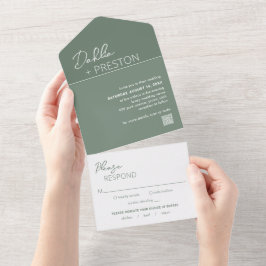 Invitación Todo En Uno Boda moderno de código QR verde mínimo de sabio