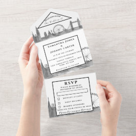 Invitación Todo En Uno Boda moderno de color negro RSVP de la ciudad de L