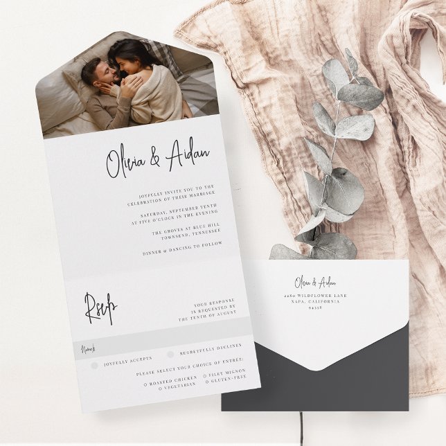 Invitación Todo En Uno Boda moderno de escritura manuscrita en negro (Subido por el creador)