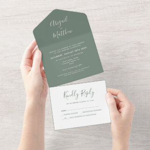 Invitación Todo En Uno Boda moderno de escritura Minimalista verde sabia 