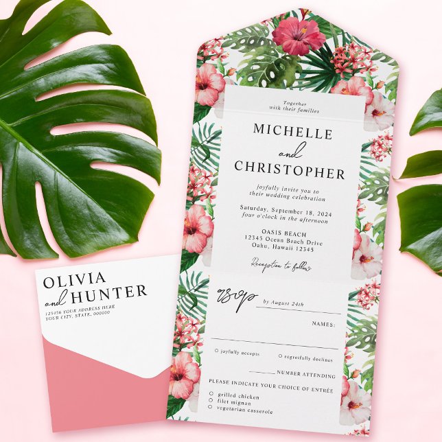 Invitación Todo En Uno Boda moderno de Hibiscus tropical (Subido por el creador)