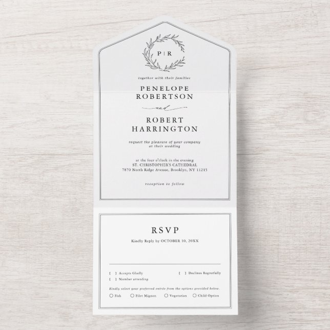 Invitación Todo En Uno Boda moderno de la hoja minimalista negra y blanca (Interior)