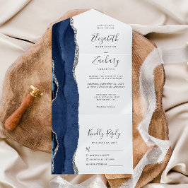 Invitación Todo En Uno Boda moderno de la Marina Blue Silver Agate