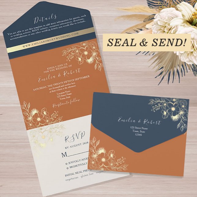 Invitación Todo En Uno Boda moderno de la Marina Boho y Terracotta (Subido por el creador)