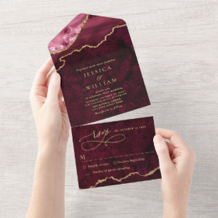 Invitación Todo En Uno Boda moderno de la mezcla de mármol de Borgoña dor