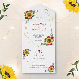 Invitación Todo En Uno Boda moderno de la rosa roja del girasol geométric