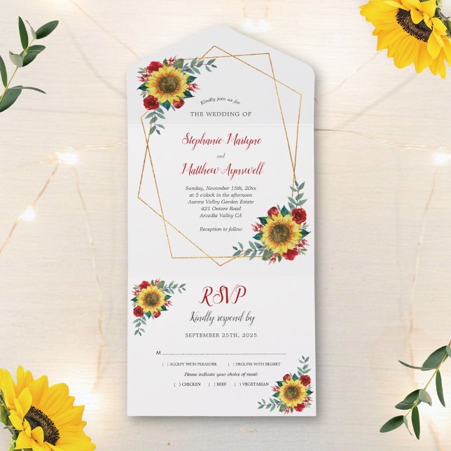 Invitación Todo En Uno Boda moderno de la rosa roja del girasol geométric (Subido por el creador)