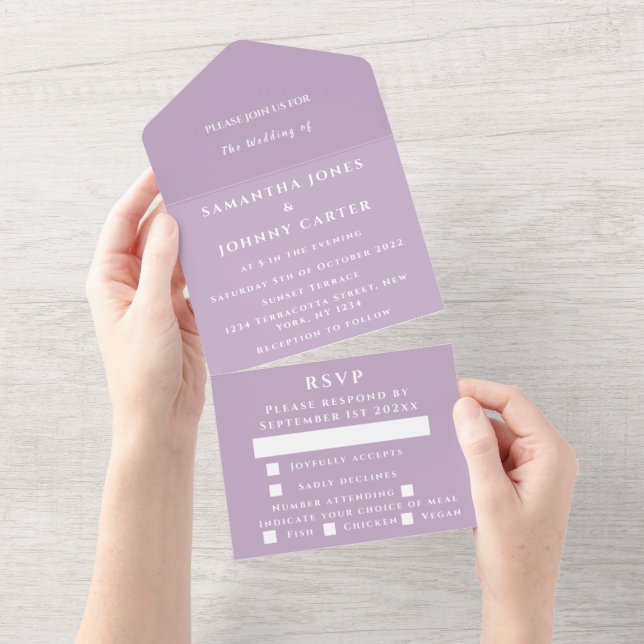 Invitación Todo En Uno Boda moderno de lavanda violeta morada Lilac (desgarro)