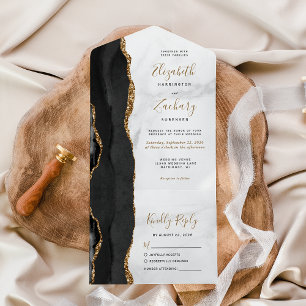 Invitación Todo En Uno Boda moderno de mármol de la agata de oro negro