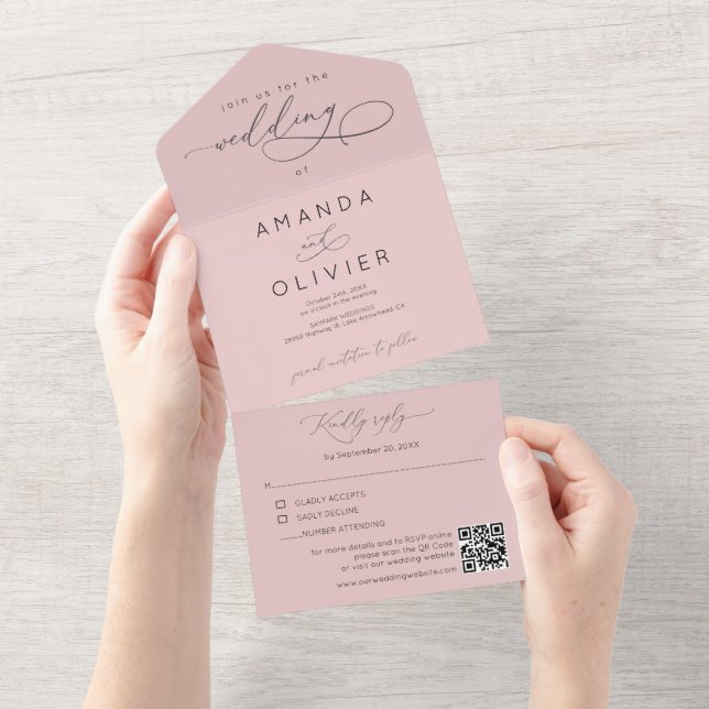 Invitación Todo En Uno Boda moderno elegante caligrafía de Moda Rubor ros (desgarro)