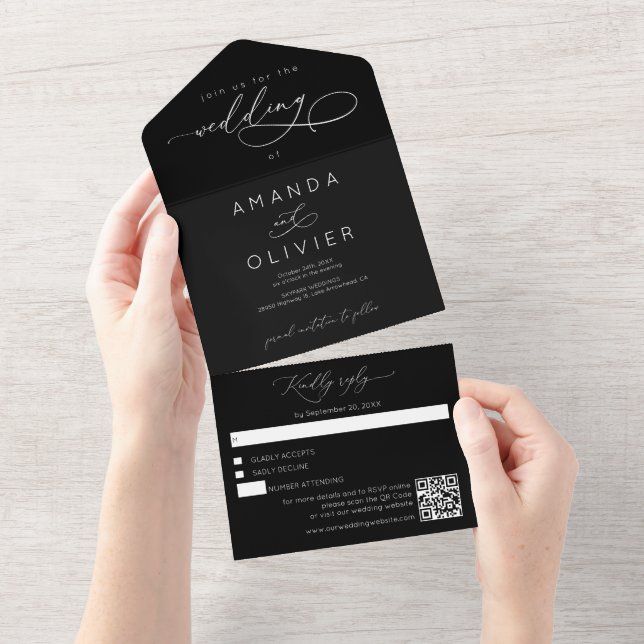 Invitación Todo En Uno Boda moderno elegante Moda caligrafía negro (desgarro)