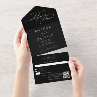 Invitación Todo En Uno Boda moderno elegante Moda caligrafía negro