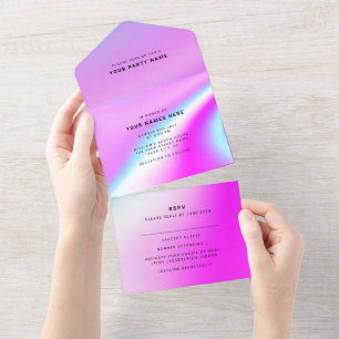 Invitación Todo En Uno Boda Moderno Elegante Púrpura Holográfico