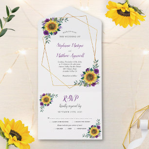 Invitación Todo En Uno Boda moderno geométrico de girasol morado Rosa