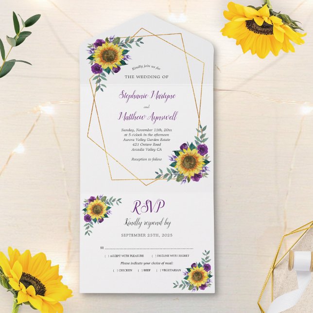 Invitación Todo En Uno Boda moderno geométrico de girasol morado Rosa (Subido por el creador)
