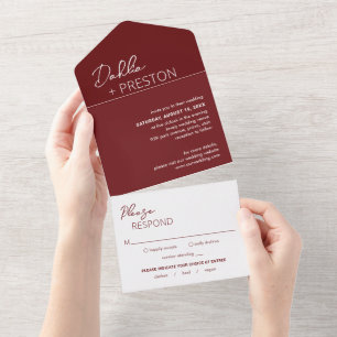 Invitación Todo En Uno Boda moderno mínimo de Borgoña