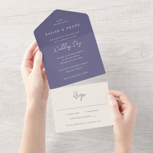 Invitación Todo En Uno Boda moderno púrpura simple (desgarro)