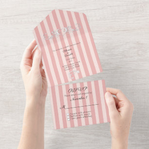 Invitación Todo En Uno Boda moderno rayado rosado y Rubor