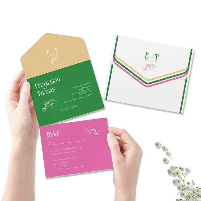 Invitación Todo En Uno Boda moderno simple dorado y rosa caliente y verde (Subido por el creador)
