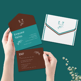 Invitación Todo En Uno Boda moderno verde azulado y chocolate