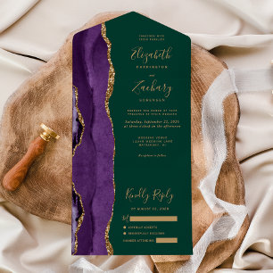 Invitación Todo En Uno Boda Moderno Verde Esmeralda Agata Dorada Púrpura