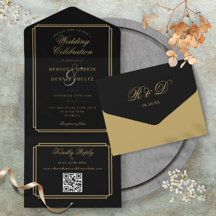 Invitación Todo En Uno Boda Monograma Art Deco De Código QR Negro Y Oro