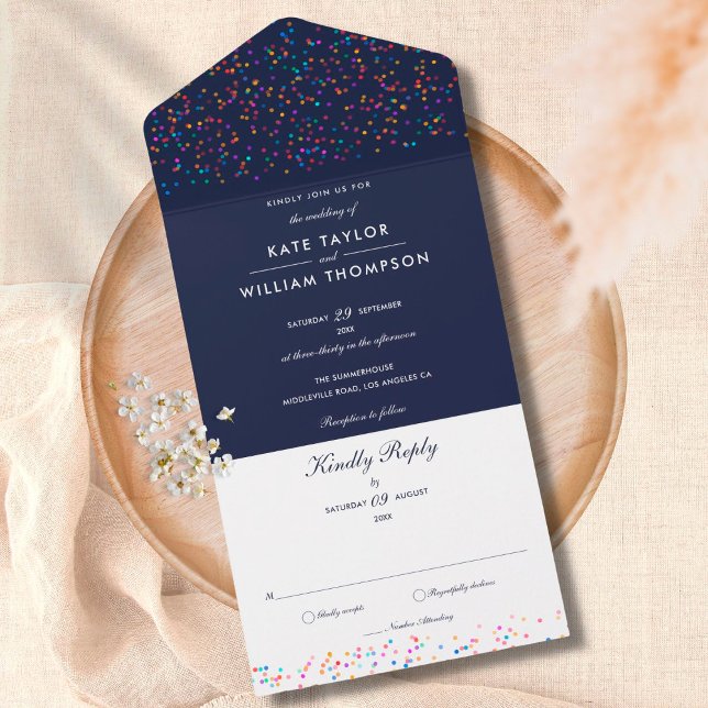 Invitación Todo En Uno Boda Monograma Azul de la Marina Confetti Arcoiris (Subido por el creador)