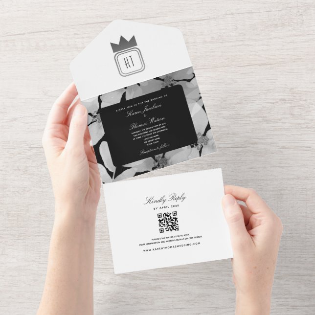 Invitación Todo En Uno Boda Monograma blanco y negro plateado de moda (desgarro)
