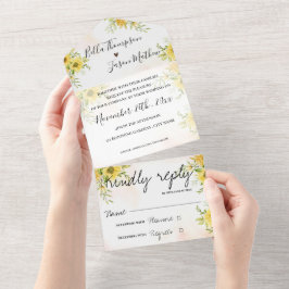 Invitación Todo En Uno Boda Monograma brillante amarillo ocaso