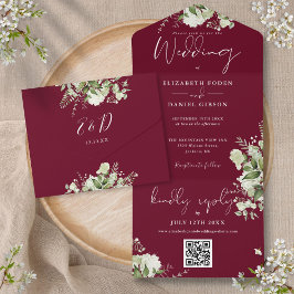 Invitación Todo En Uno Boda Monograma Código QR Verde de Borgoña