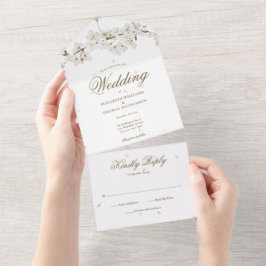 Invitación Todo En Uno Boda Monograma con guión de oro floral de color bl