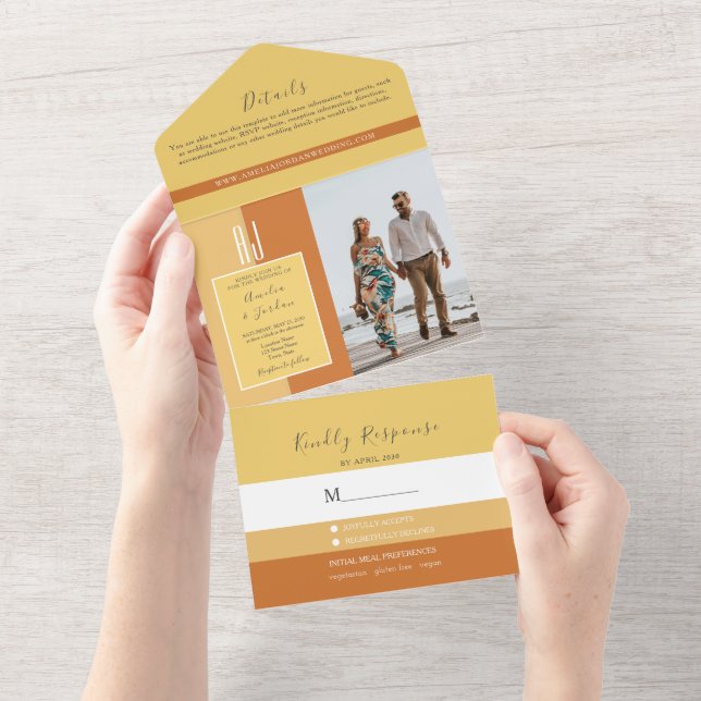 Invitación Todo En Uno Boda monograma de caligrafía simple elegante (desgarro)