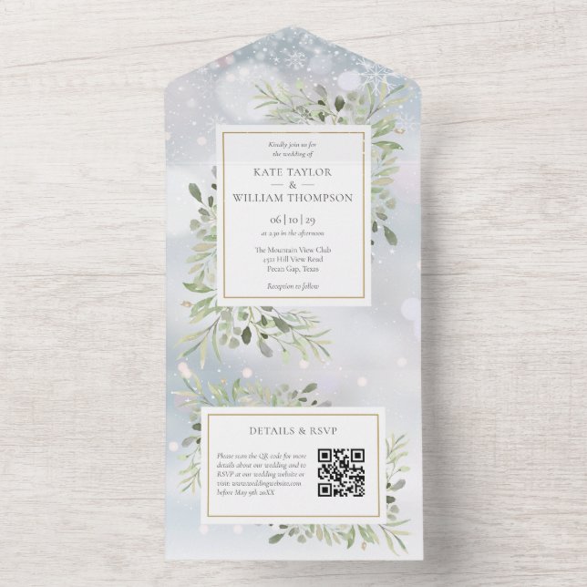Invitación Todo En Uno Boda Monograma de código QR de la vegetación del i (Interior)