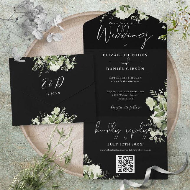 Invitación Todo En Uno Boda Monograma De Código QR De Verde Negro Y Blanc (Black And White Greenery QR Code Monogram Wedding All In One Invitation)