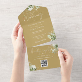 Invitación Todo En Uno Boda Monograma de código QR floral de verde dorado