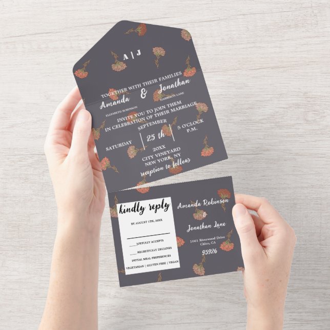 Invitación Todo En Uno Boda Monograma de diseño de patrón floral Boho (desgarro)