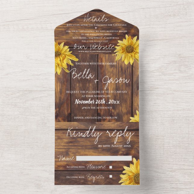 Invitación Todo En Uno Boda Monograma de girasol brillante de maderas rus (Interior)