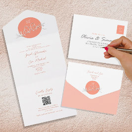Invitación Todo En Uno Boda Monograma de Peach Lovebirds Moderno