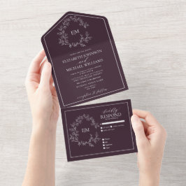 Invitación Todo En Uno Boda Monograma De Pluma Púrpura Escudo De Leafy To