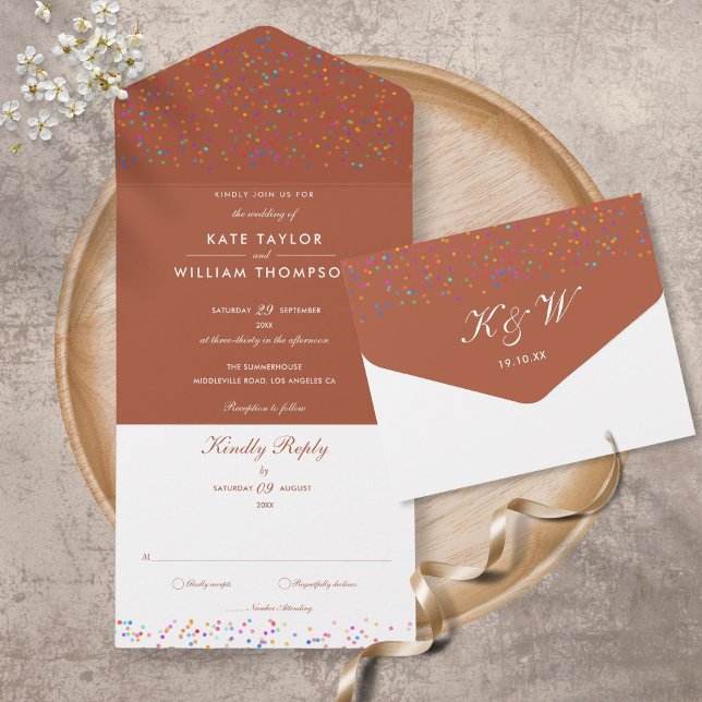 Invitación Todo En Uno Boda Monograma de Rainbow Confetti Terracotta (Subido por el creador)