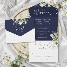 Invitación Todo En Uno Boda Monograma de Verde Botánico Azul Marino 