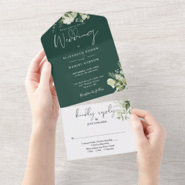 Invitación Todo En Uno Boda Monograma de Verde Botánico Esmeralda