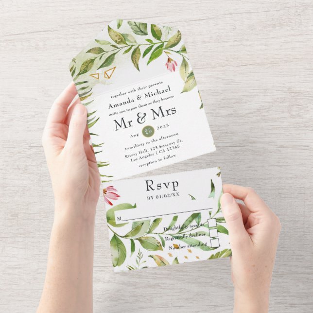 Invitación Todo En Uno Boda Monograma de Verdor de Cristal Geométrico (desgarro)