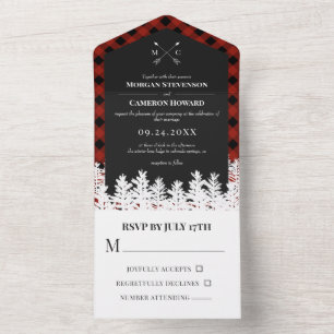 Invitación Todo En Uno Boda Monograma de verificación de búfalo rojo con