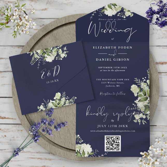 Invitación Todo En Uno Boda Monograma del código QR de la vegetación azul (Subido por el creador)