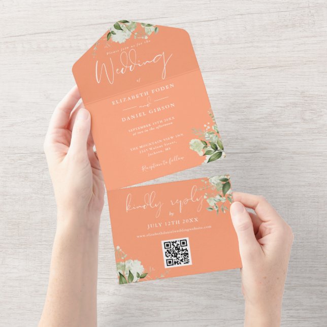 Invitación Todo En Uno Boda Monograma del código QR floral de Peach Green (desgarro)