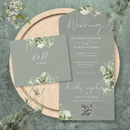 Invitación Todo En Uno Boda Monograma del código QR floral del follaje ve