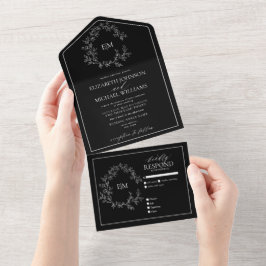 Invitación Todo En Uno Boda Monograma del Escudo de Leafy Blancas Negras